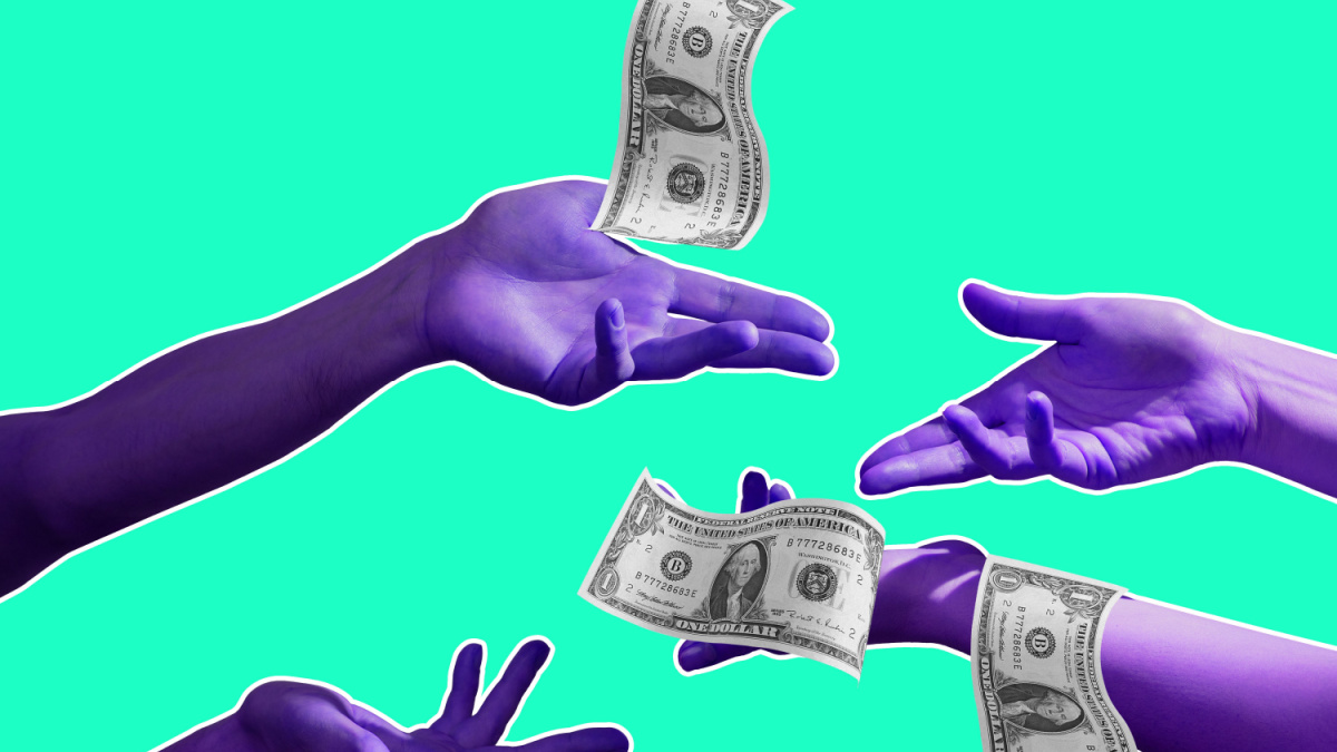 Money, dollar, cash and human hands. Painted purple hands catching money on bright neon background, Concept of human relation, community, symbolism, surrealism.